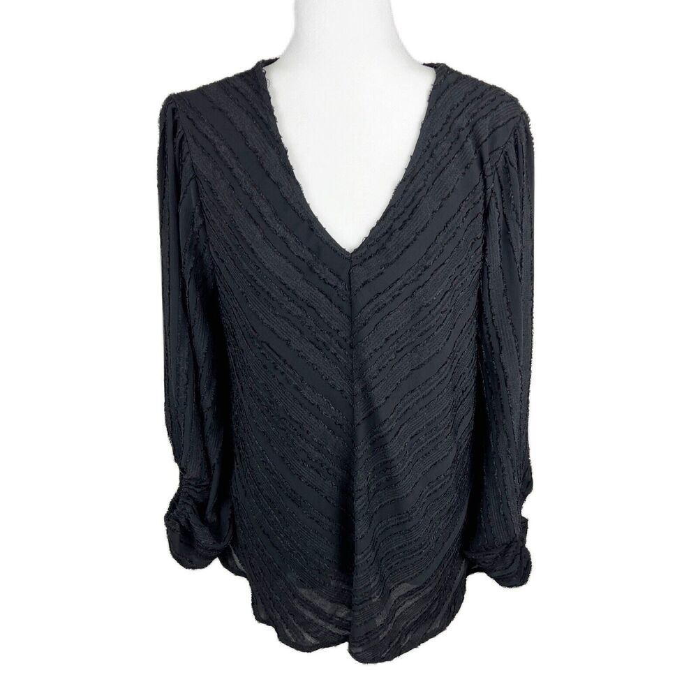 The Line Of Style Blouse Women 1X Black Textured Stripe Balloon Sleeve V-Neck